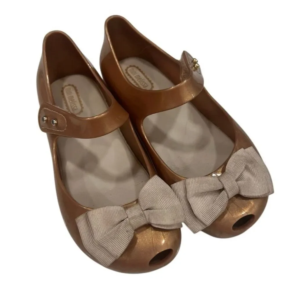 Mini Melissa Ultragirl Sweet Jelly Bow Mary Jane Shoes Girls Sz 11 Metallic Gold